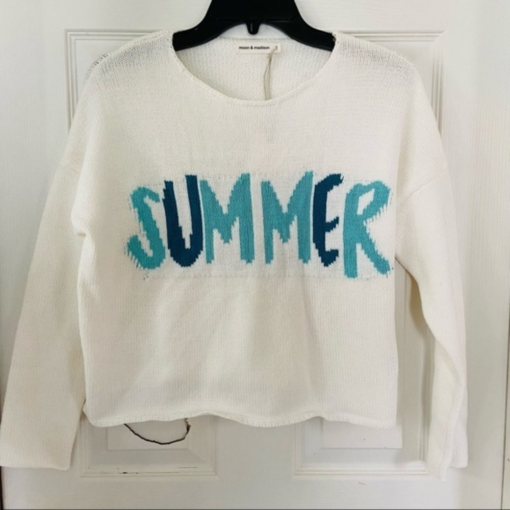 NWT MOON & MADISON off white & blue knit cropped SUMMER sweater size small